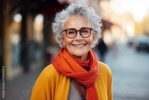 Portrait of happy senior woman in scarf and eyeglasses in city