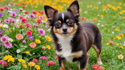 Chocolate long coat chihuahua dog in flower field © QuoDesign