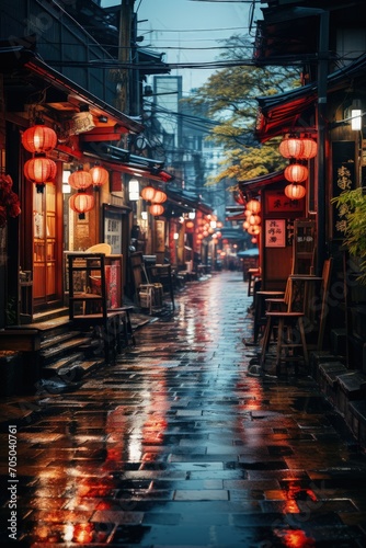 Narrow japan street with lanterns at night 