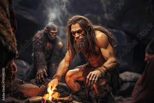 Making a fire in a cave, Neanderthal, primitive man, homo sapiens. photo