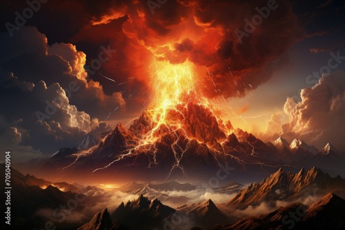 Erupting volcano spews fiery ash into the sky