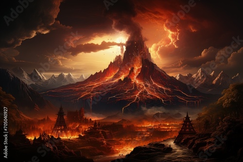 Erupting mountain volcano spews smoke flame ash destruction danger and pollution