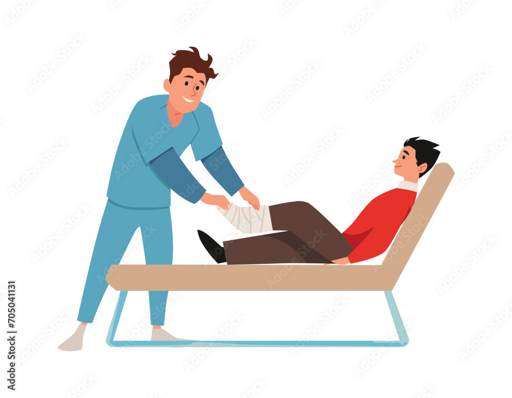 Obraz premium Man with broken leg on consultation with traumatology or orthopedic doctor, vector care of victim with plaster cast