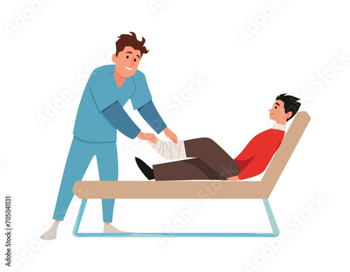 Man with broken leg on consultation with traumatology or orthopedic doctor, vector care of victim with plaster cast