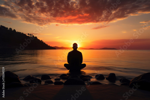 A simple silhouette of a meditating man against the backdrop of a colorful sunset by the sea, a peaceful and meditative atmosphere.