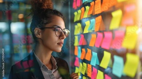 A woman standing in front of a wall full of colorful sticky notes. Young woman working in office and use post it notes to share idea. Communicating together in creative office. Brainstorming concept. photo