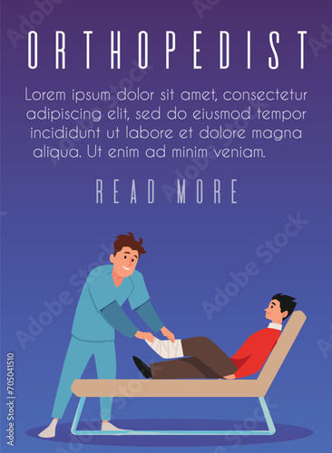 Orthopedist helps the patient, banner with cartoon vector illustration