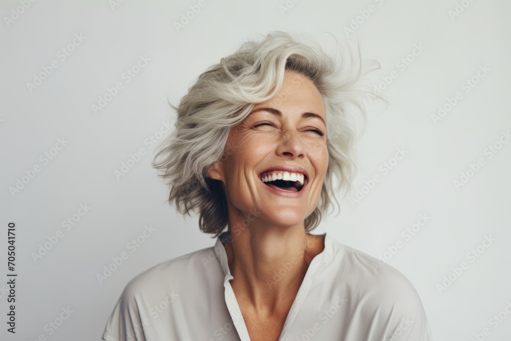 Portrait of a happy middle-aged woman with white hair laughing