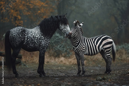photograph  a dappled horse of unusual beauty and a cute zebra standing together  conveying a feeling of mutual trust and connection