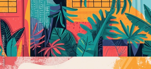 Urban jungle illustration with tropical plants and modern architecture. City life and nature fusion.