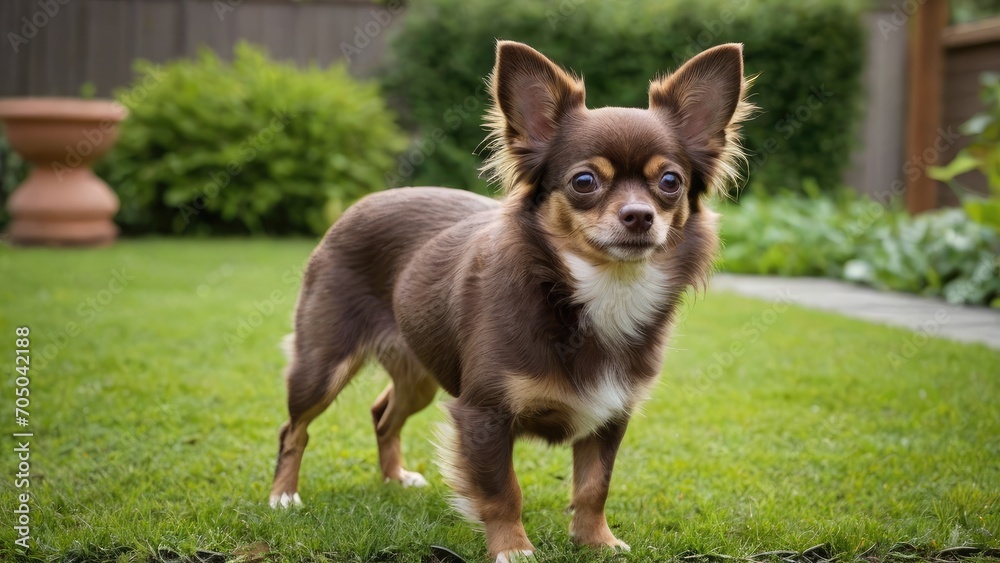Chocolate long coat chihuahua dog in the garden Chocolate long coat chihuahua dog in the garden