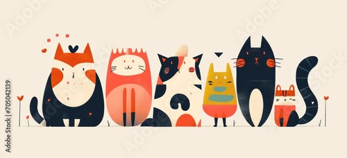 Variety of cartoon cats in whimsical illustration. Creative design and art.