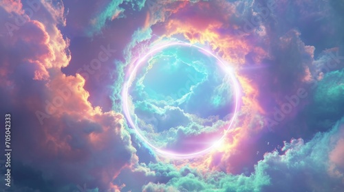 Surreal portal in the sky surrounded by vibrant clouds, ideal for sci-fi or fantasy themes. photo