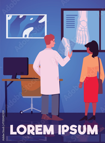 Banner or poster with patient and doctor orthopedist, flat vector illustration. photo