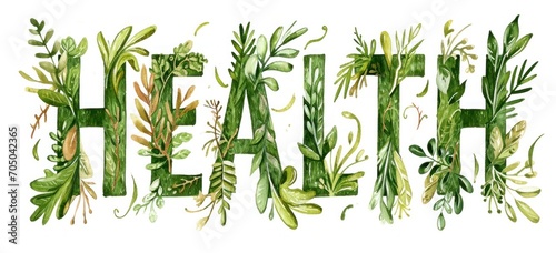 Botanical lettering of word HEALTH with green leaves and herbs. Wellness and natural medicine.