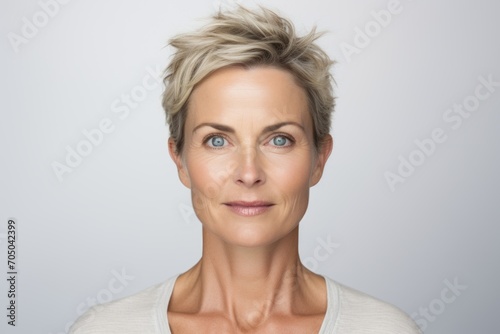 Portrait of a beautiful middle-aged woman with short hair and blue eyes.