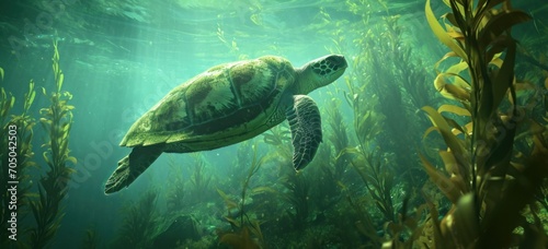 Sea turtle swimming gracefully among seaweed underwater. Marine life and ecosystem.