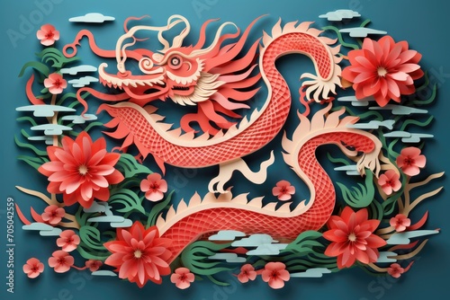 Striking chinese dragon paper cut craft with ocean waves and clouds in the background, vibrant paper craft for chinese new year 2024