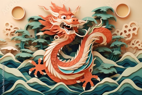 Intricate paper-cut chinese zodiac dragon with ocean waves and clouds  detailed paper craft for chinese new year 2024