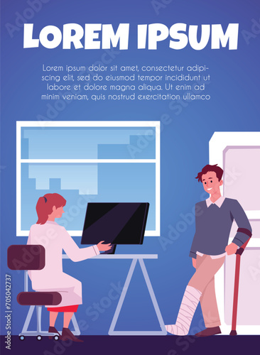 Patient with plaster cast on crutches on consultation with orthopedic doctor, Treatment and healthcare vector poster