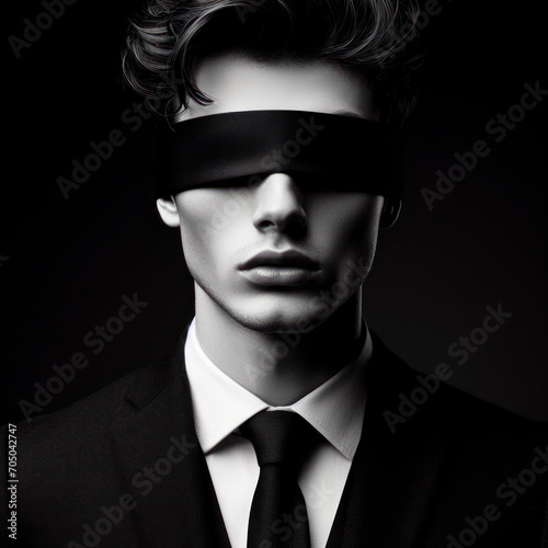 Guy with a black blindfold against a black background. ai generative photo