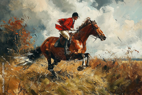 Oil Painting Style of An equestrian on a galloping horse during a foxhunt, depicting the speed and tradition of the sport in a rural setting. photo