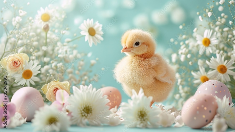 cute easter yellow fluffy chick surrounded by an array of beautiful flowers and Easter eggs against a soft turquoise background. festive and spring-like atmosphere, holiday season. digital art