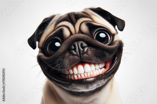 Photo of pug dog with a big teeth smile and huge eyes on a white background. ai generative