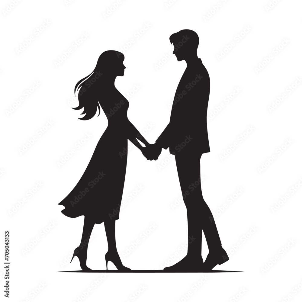 Couple Vector - Twilight Whispers Embrace: Captivating Silhouette with Couple Holding Hands - Holding Hand Couple Silhouette - Valentine Vector Stock
