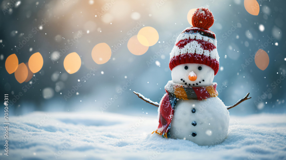 Cute Snowman in Hat and Knitted Scarf - Winter Background