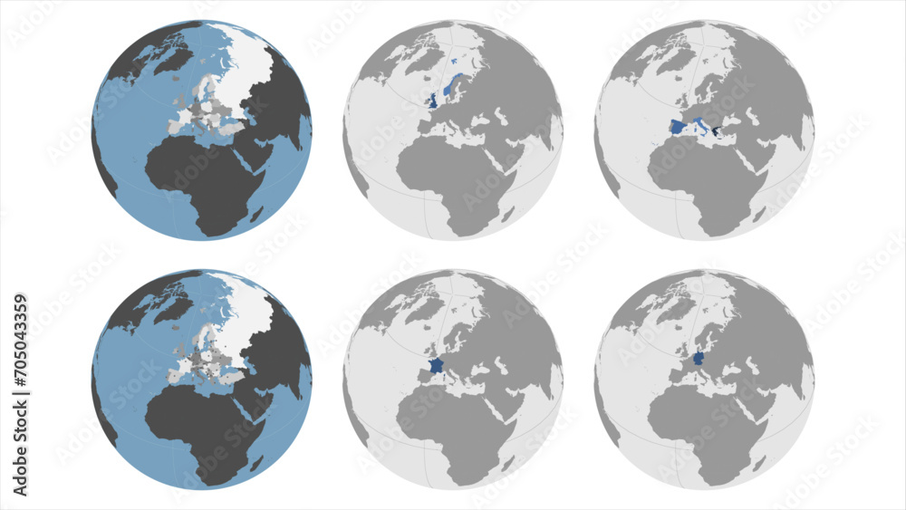 Round Globe Vector Map with European Countries highlighted (with Russia, Turkey) and Major Cities optionally mapped (see bottom left). Any country/country combinations could be highlighted. Europe Map