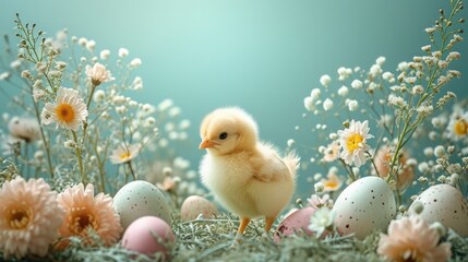 cute easter yellow fluffy chick surrounded by an array of beautiful flowers and Easter eggs against a soft turquoise background. festive and spring-like atmosphere, holiday season. digital art