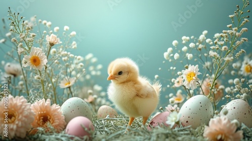 cute easter yellow fluffy chick surrounded by an array of beautiful flowers and Easter eggs against a soft turquoise background. festive and spring-like atmosphere, holiday season. digital art photo