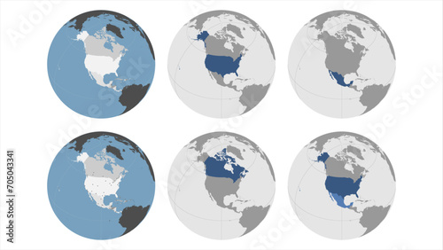 Round Globe Vector Map with North American Countries highlighted and Major Cities optionally mapped (see bottom left). Any country combinations could be highlighted. North America Map. USA Map
