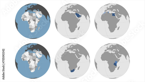 Round Globe Vector Map with Africa, Middle East Countries highlighted and Capitals optionally mapped (see bottom left). Any country combinations could be highlighted. African Map. Middle East Map. photo