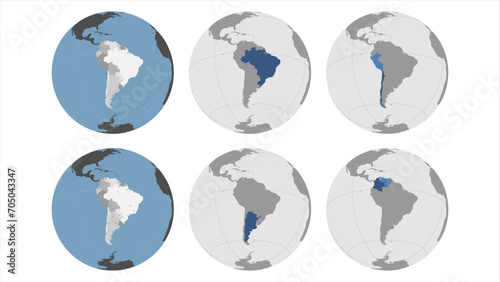 Round Globe Vector Map with South American Countries (plus some Caribbean) highlighted and Major Cities optionally mapped (see bottom left). Any country / country combinations could be highlighted.