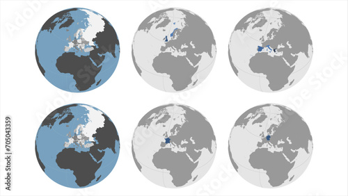 Round Globe Vector Map with European Countries highlighted (with Russia, Turkey) and Major Cities optionally mapped (see bottom left). Any country/country combinations could be highlighted. Europe Map photo