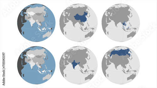 Round Globe Vector Map with Asian Countries highlighted (with Russia), Australia and Major Cities optionally pointed (see bottom left). Any country/country combinations could be highlighted. Asia Map