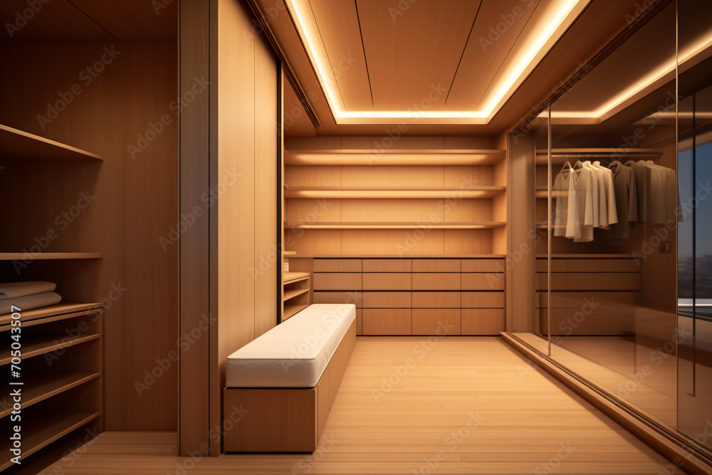 Walk in closet interior design, empty warm wooden walk in wardrobe in modern luxury and minimal style. Walk in closet interior design, empty warm wooden walk in wardrobe in modern luxury and minimal style.
