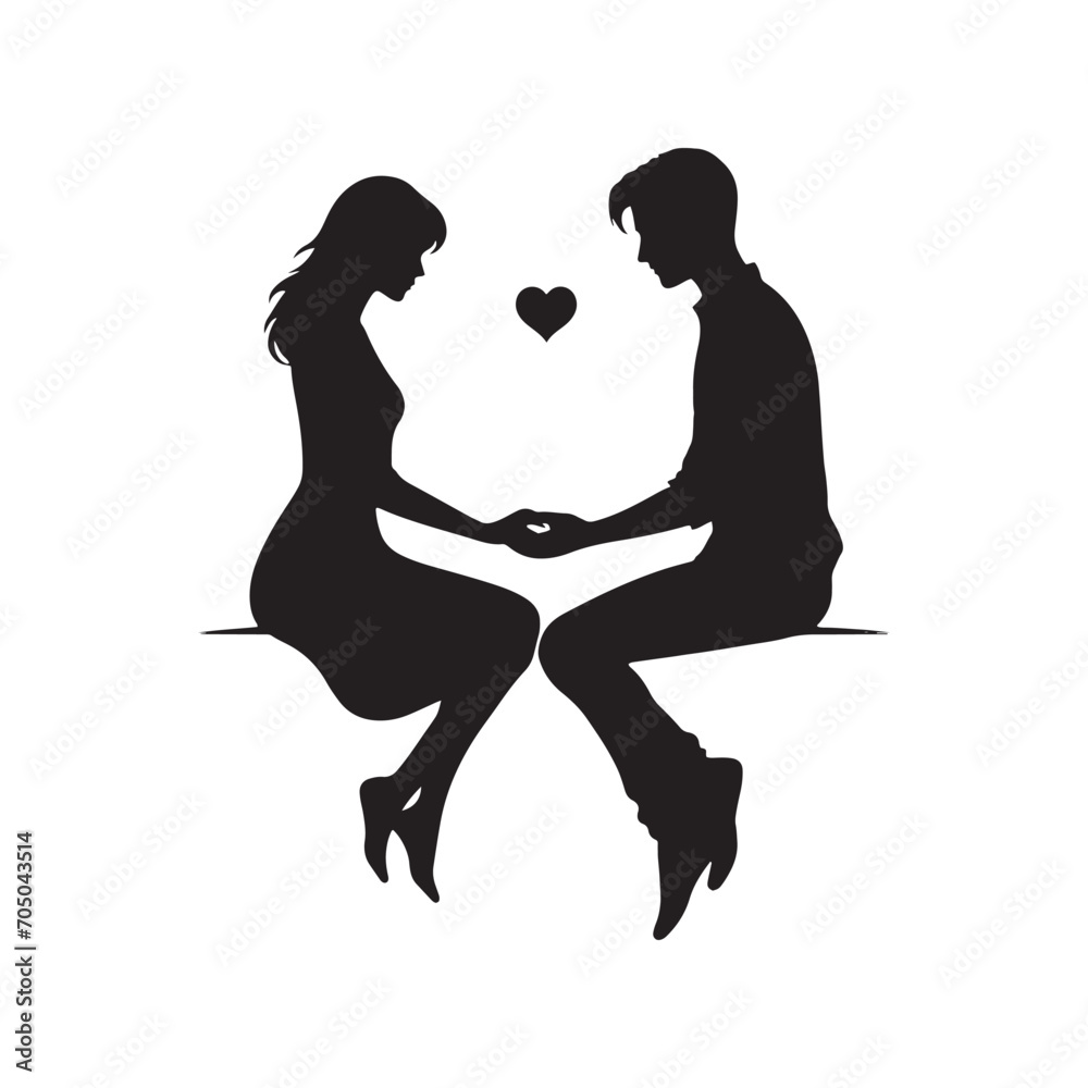 Couple Vector - Whispering Nightfall Harmony: Silhouette of Couple Holding Hands - Holding Hand Couple Silhouette - Valentine Vector Stock
