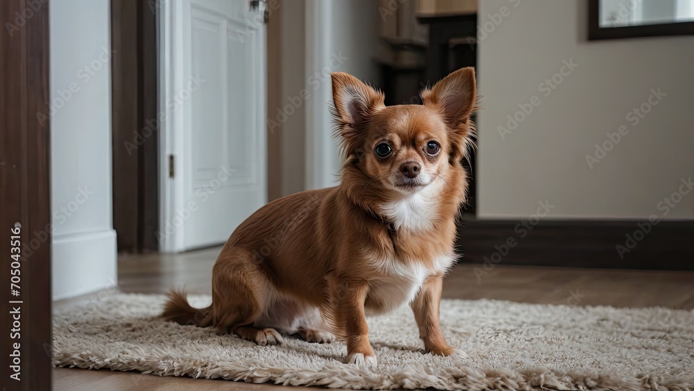 Chocolate long coat chihuahua dog in the living room Chocolate long coat chihuahua dog in the living room