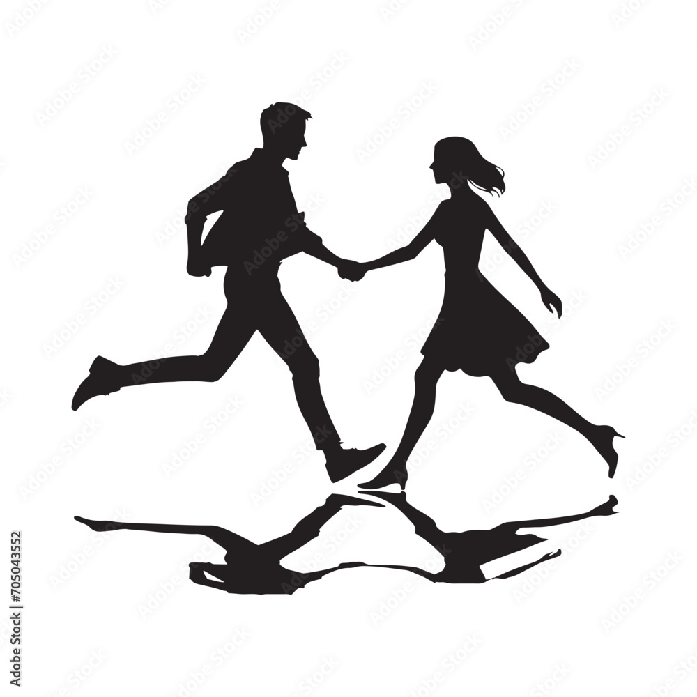 Couple Vector - Nightfall Embrace: Couple Holding Hands Silhouette Against a Dusk Sky - Holding Hand Couple Silhouette - Valentine Vector Stock
