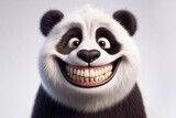 Photo of a funny panda with a big smile and big teeth on a white background. ai generative