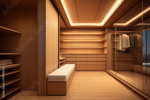 Walk in closet interior design  empty warm wooden walk in wardrobe in modern luxury and minimal style.