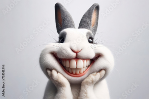 Photo of a funny rabbit with a big smile and big teeth on a white background. ai generative
