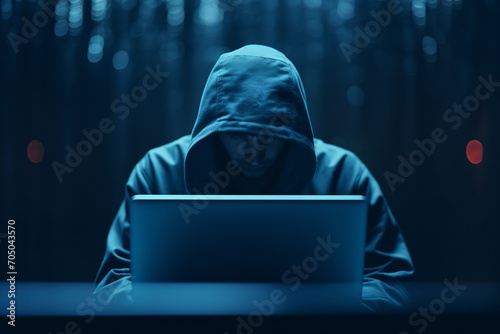 A hacker or scammer using laptop computer on dark technology background, phising, online scam and cybercrime concept. photo