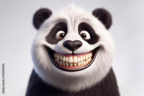Photo of a funny panda with a big smile and big teeth on a white background. ai generative photo