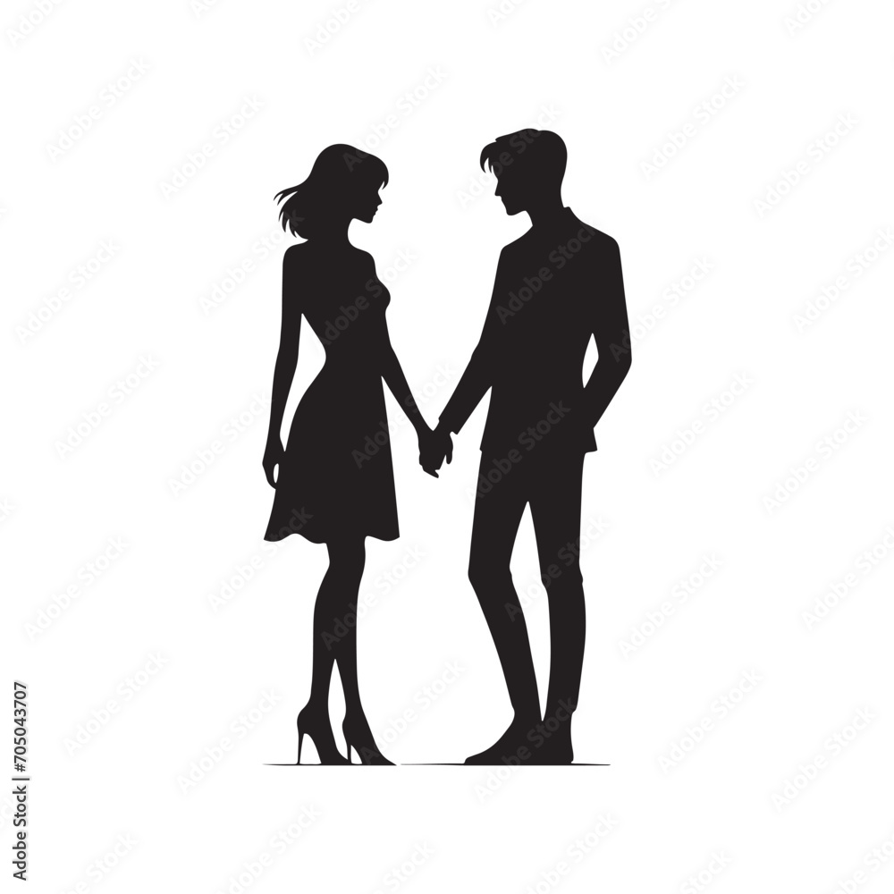 Starlit Affection: Silhouette of a Couple Holding Hands Under the Stars - Holding Hand Couple Silhouette - Valentine Vector Stock
