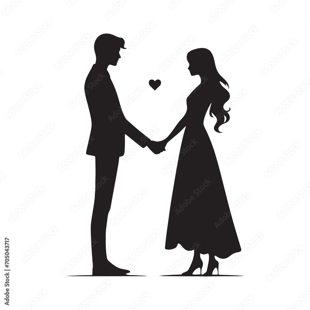 Love's Embrace: Silhouetted Couple Holding Hands Against Twilight Sky - Holding Hand Couple Silhouette - Valentine Vector Stock
