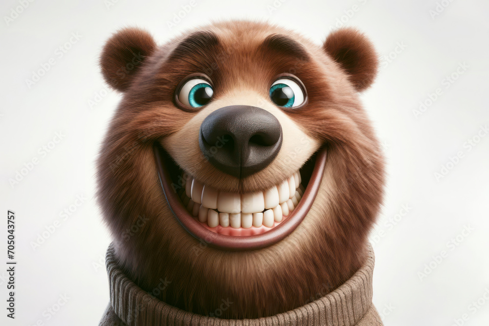 Portrait of a funny bear with a big smile and big teeth on a white background. ai generative - obrazy, fototapety, plakaty 
